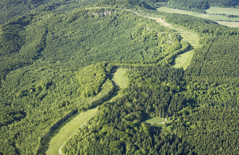 s:252:"Luftaufnahme einer Schneise durch das Waldgelände an der ehemaligen innerdeutschen Grenze, dem heutigen Naturschutzprojekt Grünes Band an der Landesgrenze zwischenThüringen und Hessen bei Volkerode und Eichsfeld in Thüringen (Foto vom 05.06.2013). ";