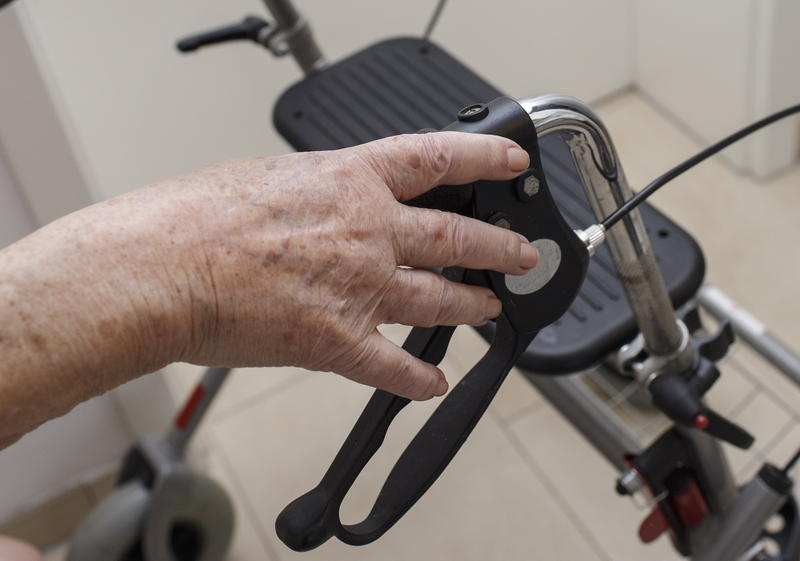 s:39:"Pflegebedürftige Seniorin mit Rollator";